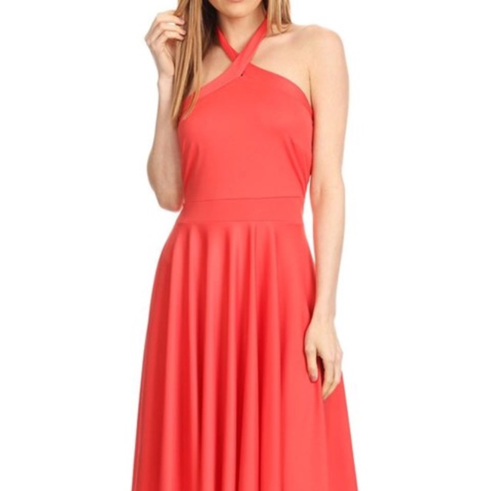 Coral Pleated Halter Dress